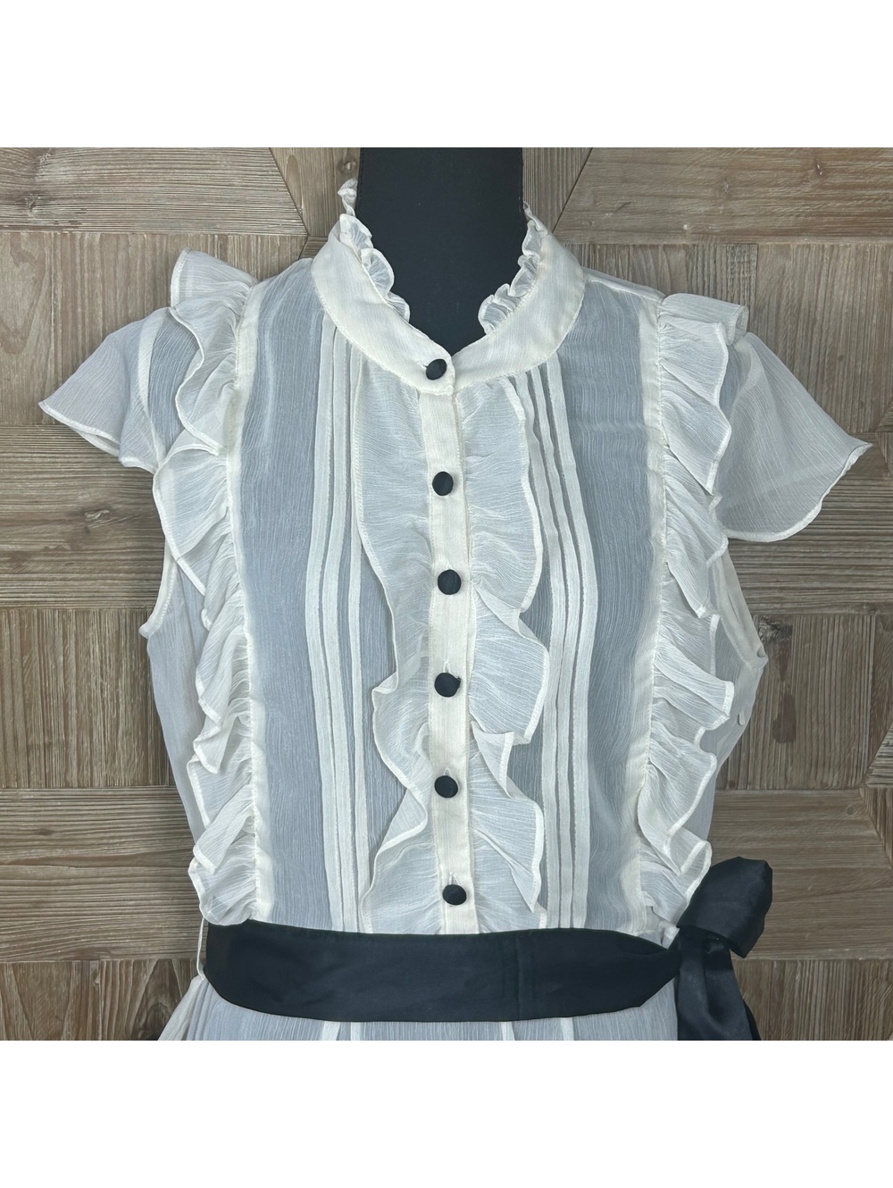 Vintage Dimri Coquette Cream Ruffle Tuxedo Blouse Large Black Satin Sash Belt - Picture 3 of 9